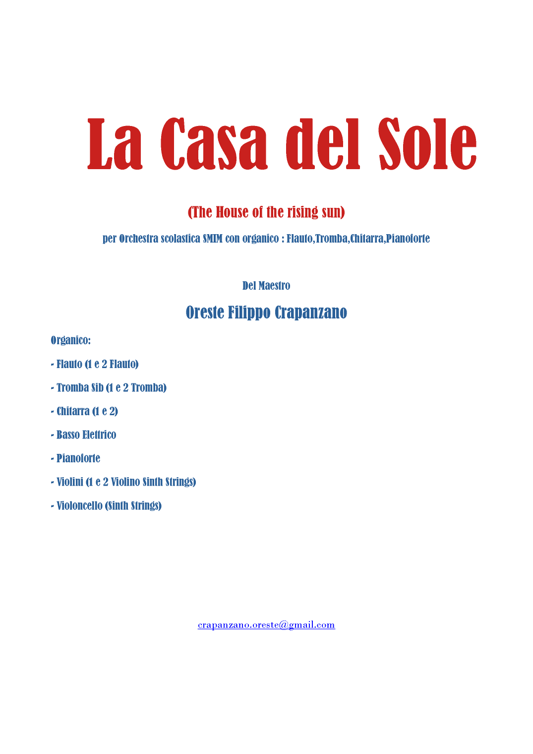 La casa del sole (House of the rising sun) (arr. Oreste Crapanzano)