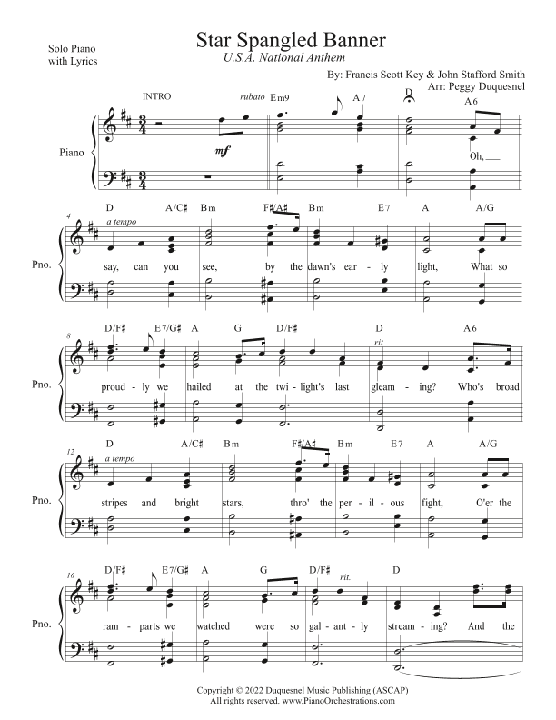 Star Spangled Banner (Key of D - Solo Piano w Lyrics) (arr. Peggy Duquesnel)