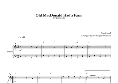 Old MacDonald Had A Farm for piano solo (arr. JPS Edições Musicais)