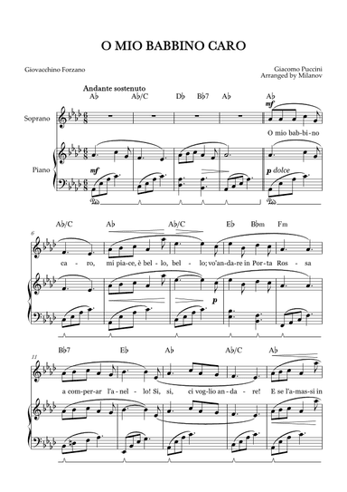 O Mio Babbino Caro | Female Voice Soprano | A-flat Major | Piano accompaniment | Pedal | Chords (arr. Milanov)