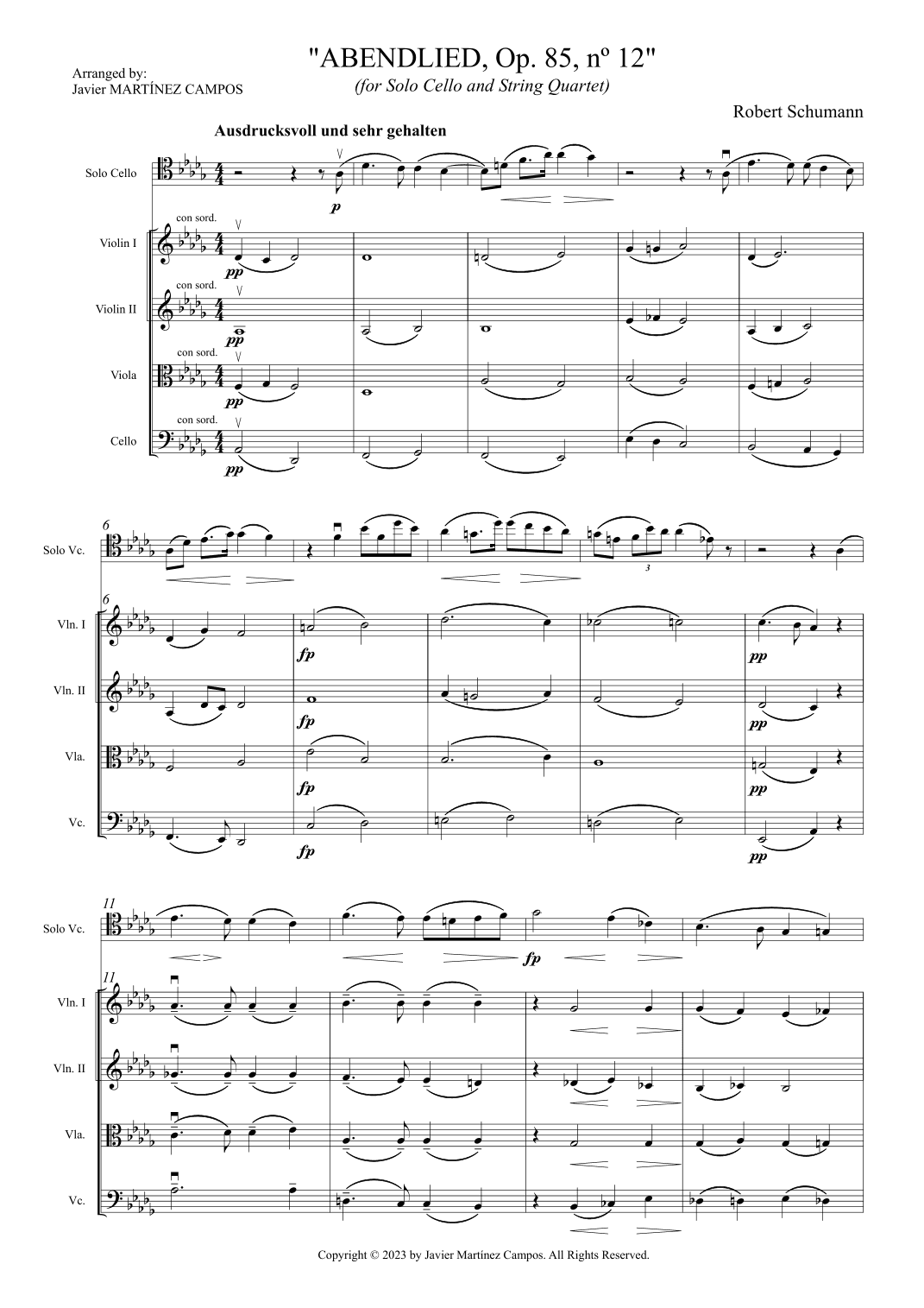 "Abendlied Op. 85, nº 12" (Solo Cello & string quartet) - Score Only (arr. Javier MARTÍNEZ CAMPOS)