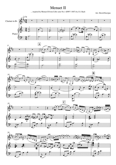 Menuet II from Cello suite No.1 (clarinet & piano) (arr. David Kocijan)