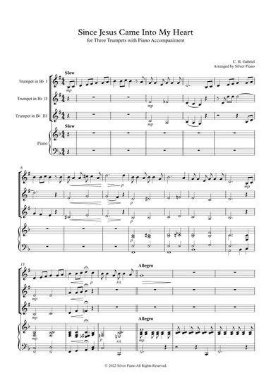 HYMN FOR TRUMPET TRIO - Since Jesus Came Into My Heart (F Major) (arr. Silver Piano)