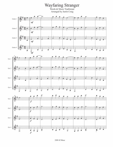 Wayfaring Stranger for Four Guitars and Voice (arr. Justin Craig)