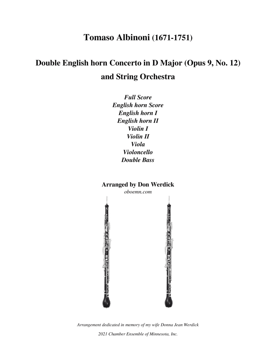 Double English horn Concerto in D Major, Op. 9 No. 12 and String Orchestra (arr. Don Werdick (1946 - ))