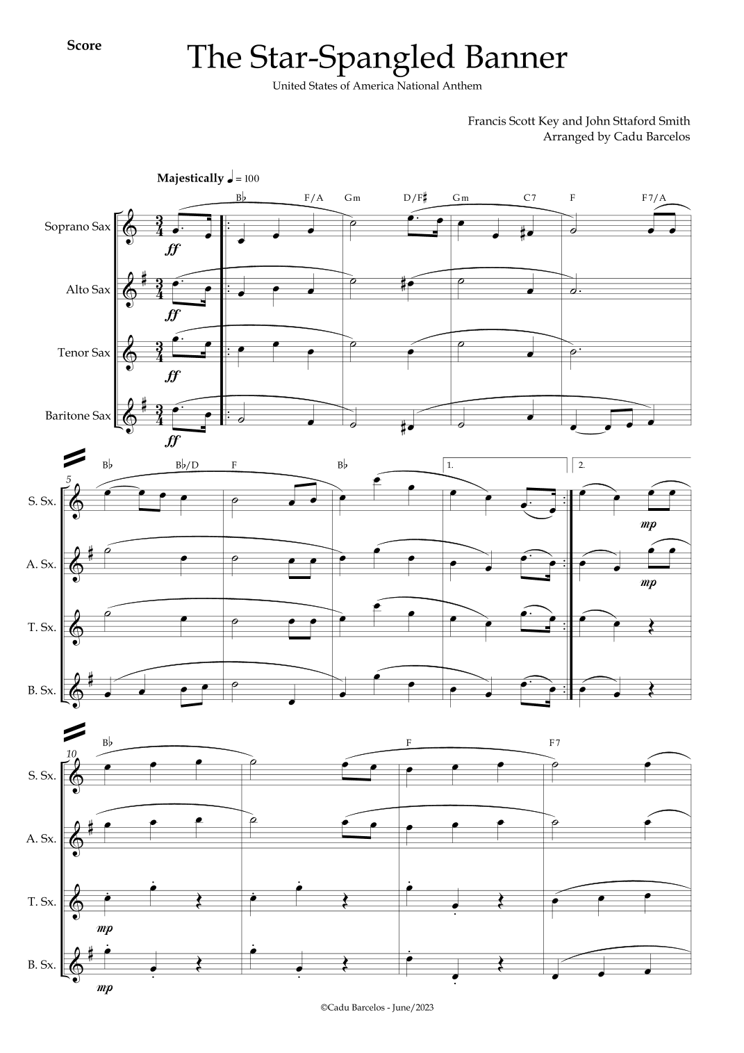 The Star-Spangled Banner - EUA Hymn (Sax Quartet) chords (arr. Cadu Barcelos)