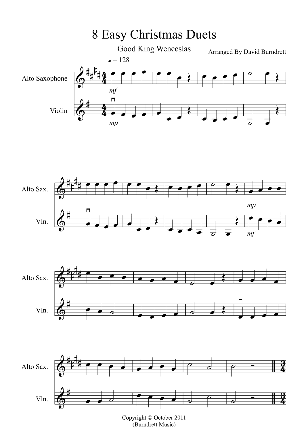 8 Easy Christmas Duets for Alto Saxophone and Violin (arr. David Burndrett)