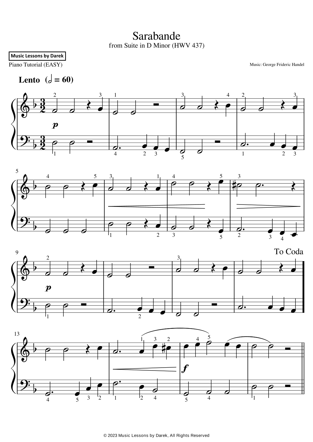 Sarabande (EASY PIANO) from Suite in D Minor (HWV 437) [George Frideric Handel] (arr. Darek)