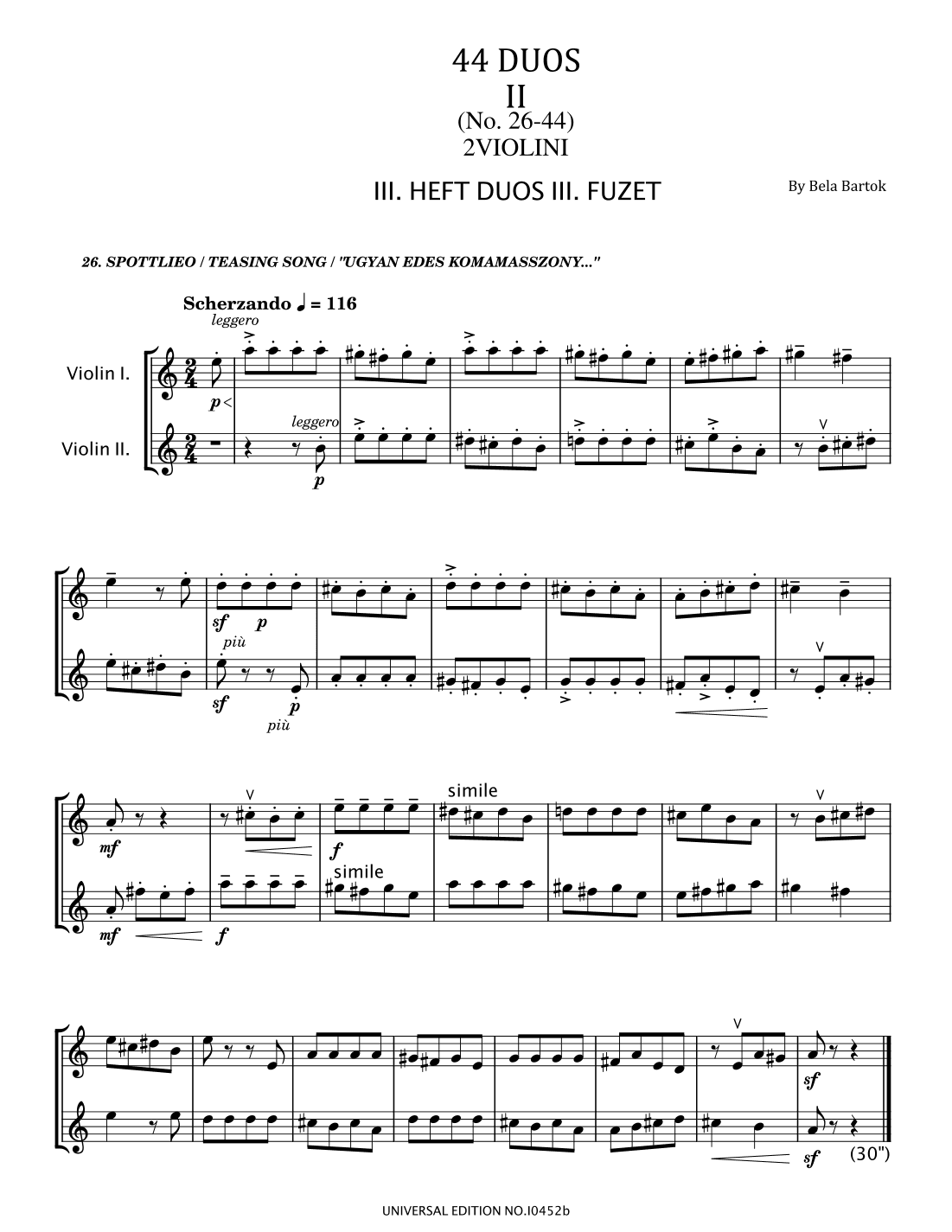 Béla Bartók - 44 Duos for Two Violins, Sz.98, BB 104 - No.26-44 Original (arr. poon)