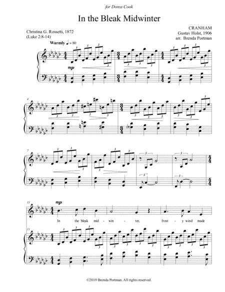 In the Bleak Midwinter (CRANHAM), Medium/High Voice, arr. Brenda Portman (arr. Brenda Portman)