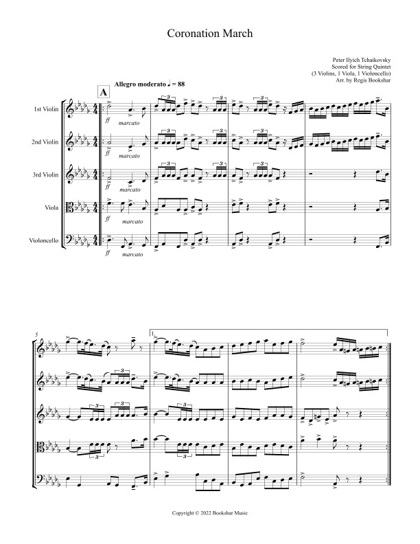 Coronation March (Db) (String Quintet - 3 Violins, 1 Viola, 1 Cello) (arr. Regis Bookshar)
