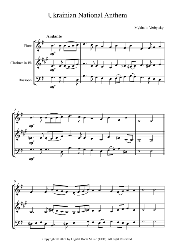 Ukrainian National Anthem - Mykhailo Verbytsky (Woodwind Trio - Flute, Clarinet, Bassoon) + parts.pd (arr. Digital Book Music)