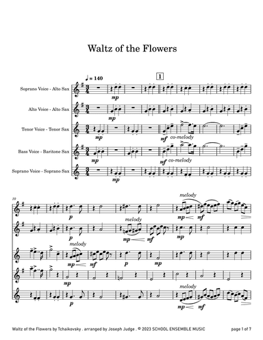 Waltz Of The Flowers by Tchaikovsky for Saxophone Quartet in Schools (arr. Joseph Judge)