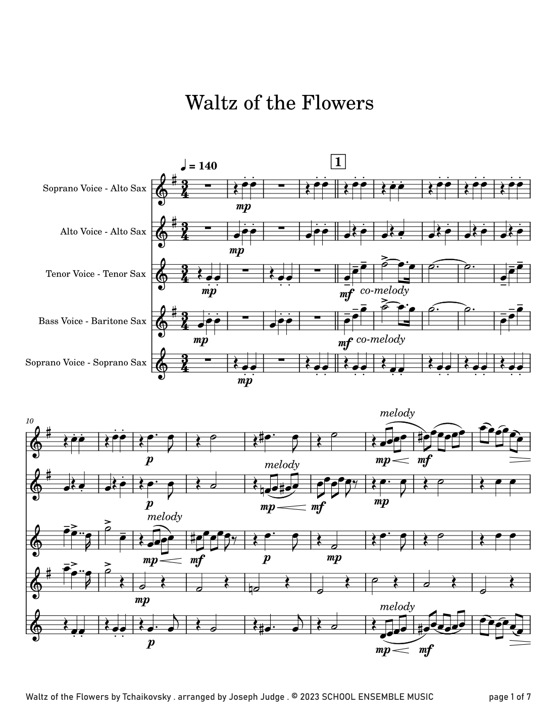 Waltz Of The Flowers by Tchaikovsky for Saxophone Quartet in Schools (arr. Joseph Judge)