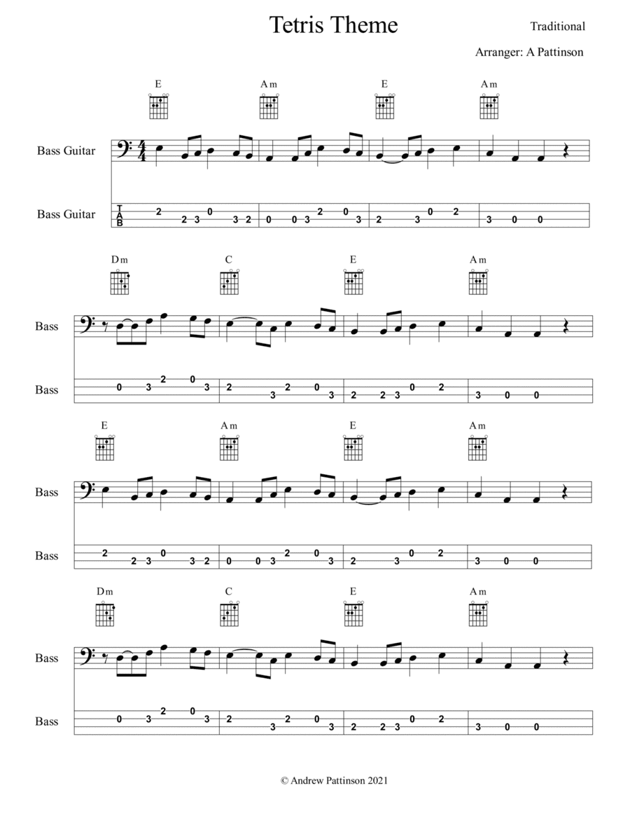 Tetris theme for Easy Bass (arr. Andrew Pattinson)
