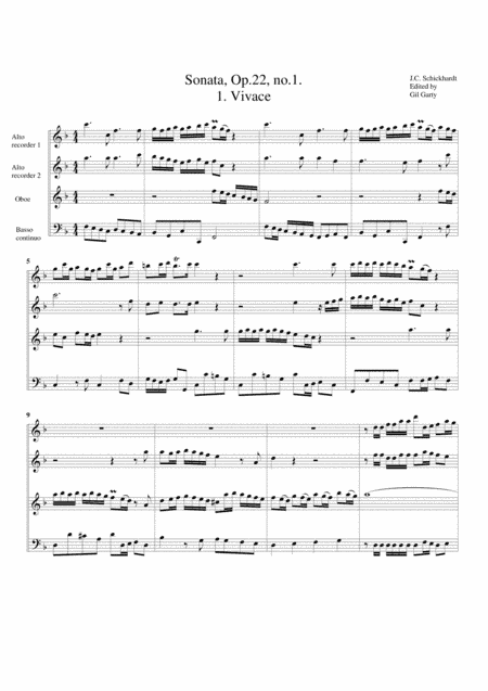 Sonata for 2 alto recorders, oboe and basso continuo, Opus 22, no.1, F major (arr. Gil Garty)