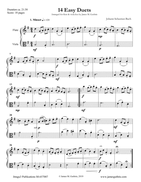 Bach: 14 Easy Duets for Flute & Viola (arr. James M. Guthrie, ASCAP)