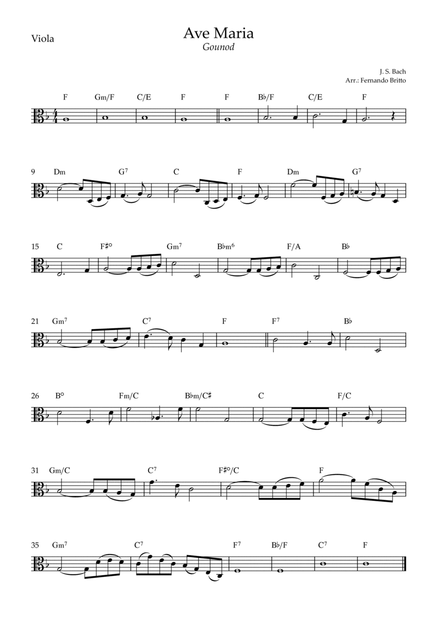 Ave Maria (Gounod) for Viola Solo with Chords (F Major) (arr. Fernando Britto)