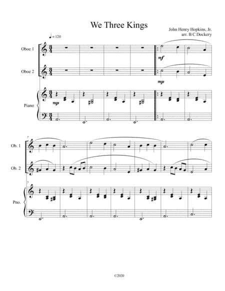 We Three Kings (oboe duet) with optional piano accompaniment (arr. B C Dockery)