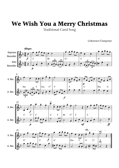 We Wish you a Merry Christmas for Recorder Duet with Chords (arr. Rika K.)
