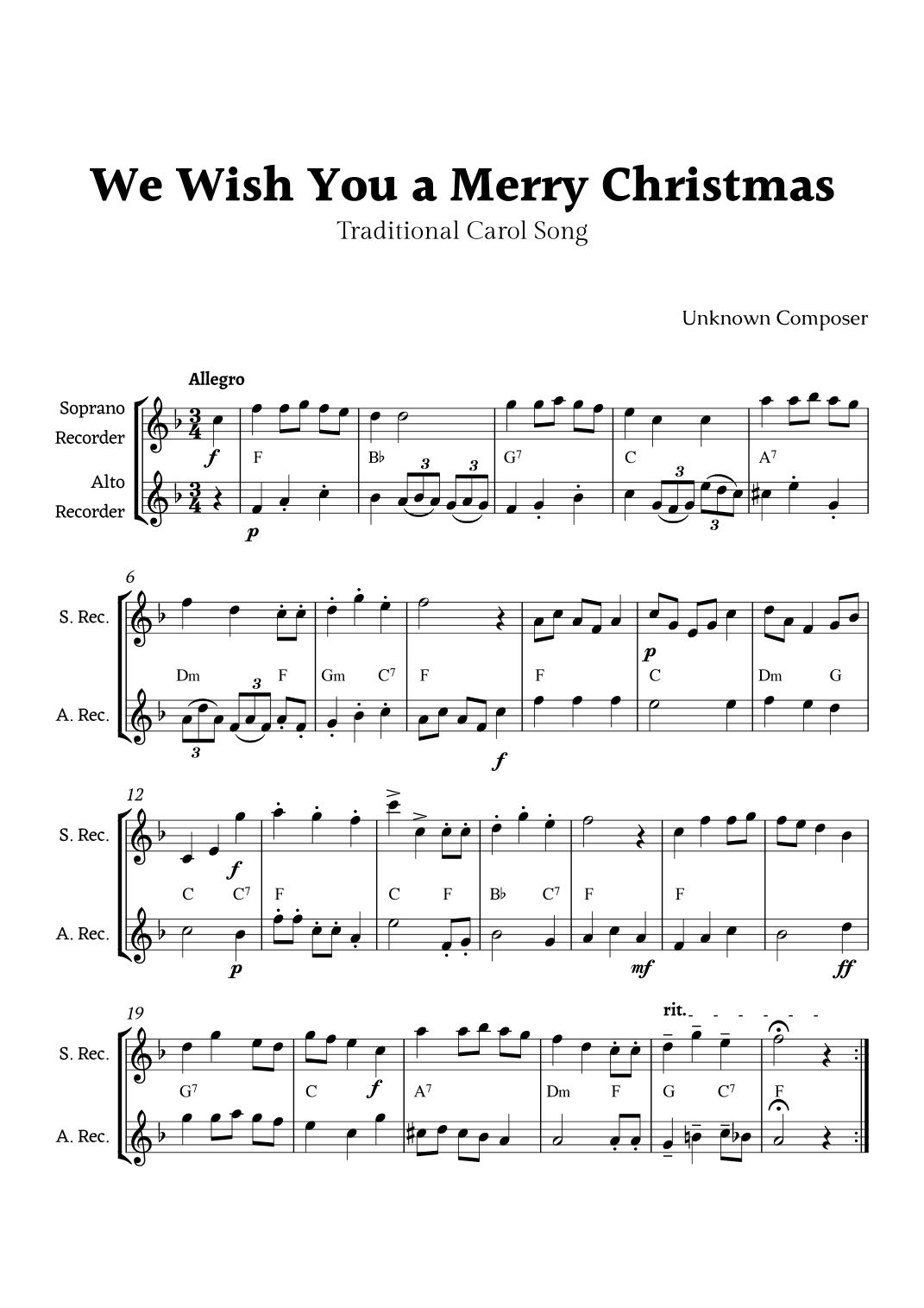 We Wish you a Merry Christmas for Recorder Duet with Chords (arr. Rika K.)