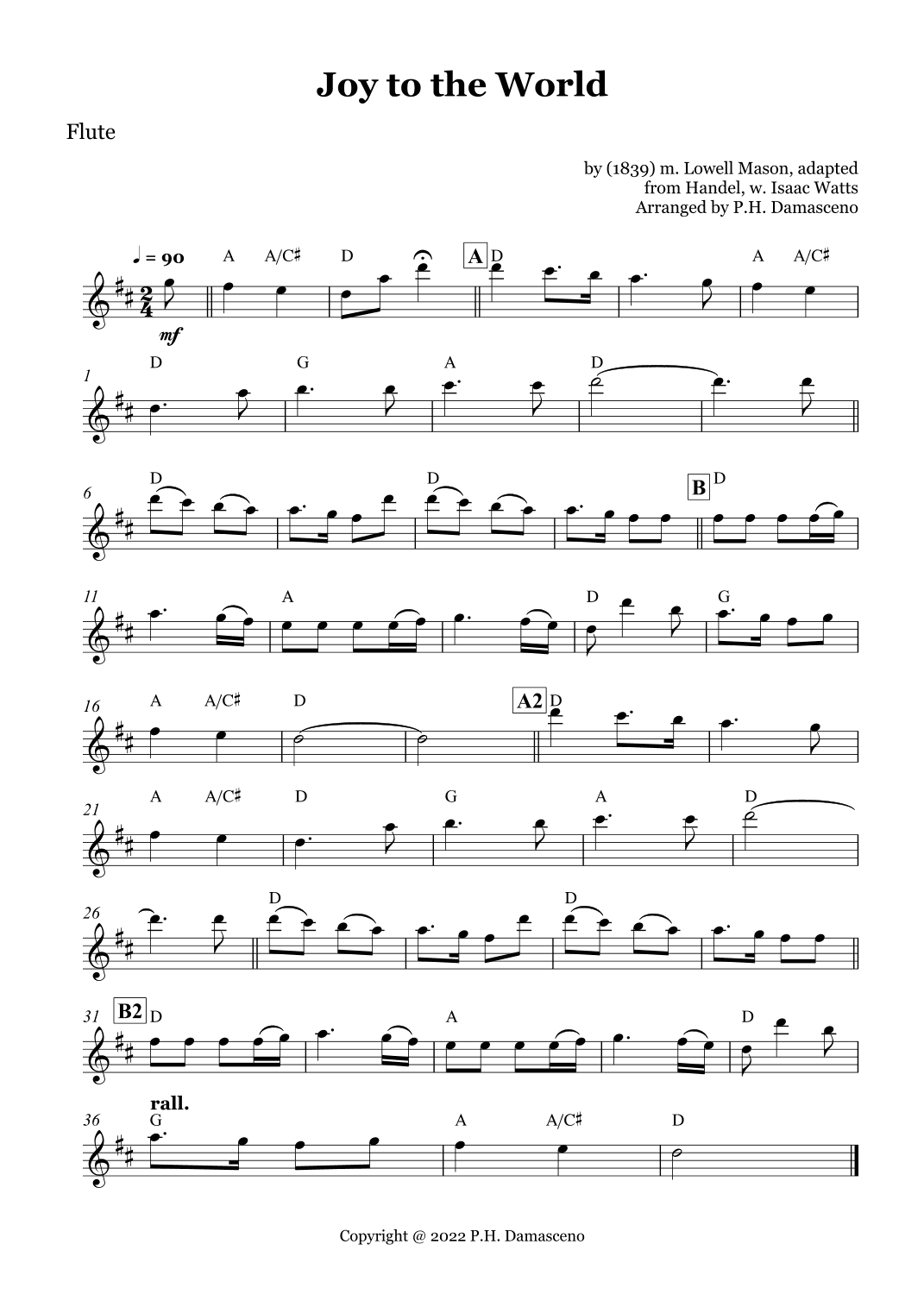 Joy to the World - Flute Solo and Piano Accompaniment with Chords (arr. P.H. Damasceno)