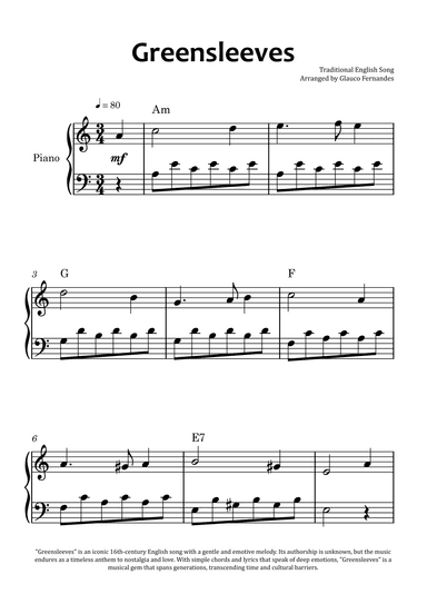 Greensleeves - Easy Piano with Chord Charts (arr. Glauco Fernandes)
