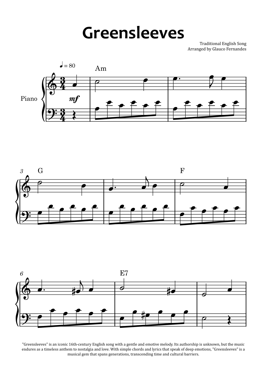 Greensleeves - Easy Piano with Chord Charts (arr. Glauco Fernandes)
