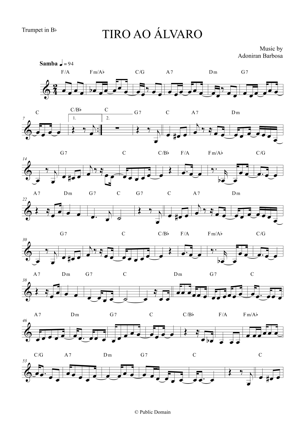 Tiro ao Álvaro by Adoniran Barbosa - Trumpet in Bb (arr. The Sheet Music Library)