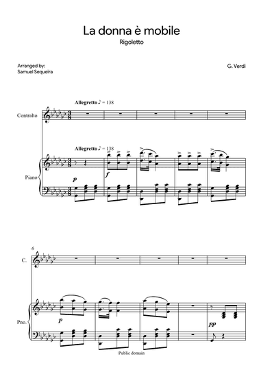 La donna è mobile - for Contralto - in Gb (arr. Samuel Sequeira)