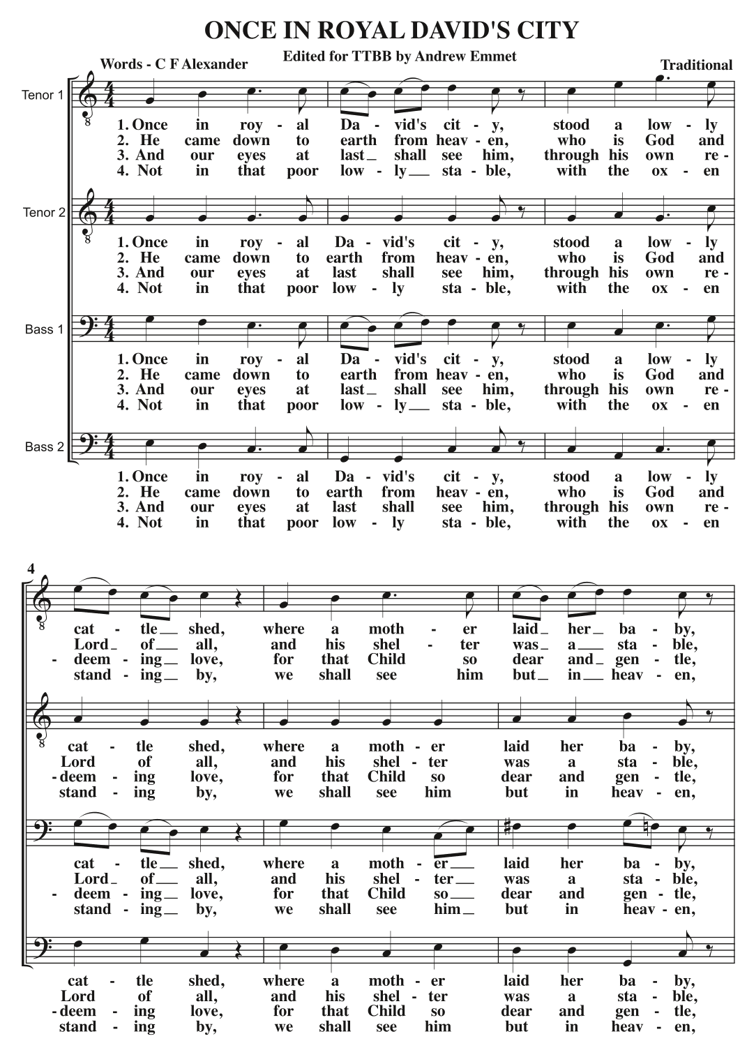 Once In Royal David's City A Cappella TTBB (arr. Edited by Andrew Emmet)