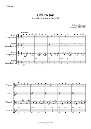 Ode to Joy for Tenor Saxophone Quartet by Beethoven Opus 125 (arr. れある やすけ)