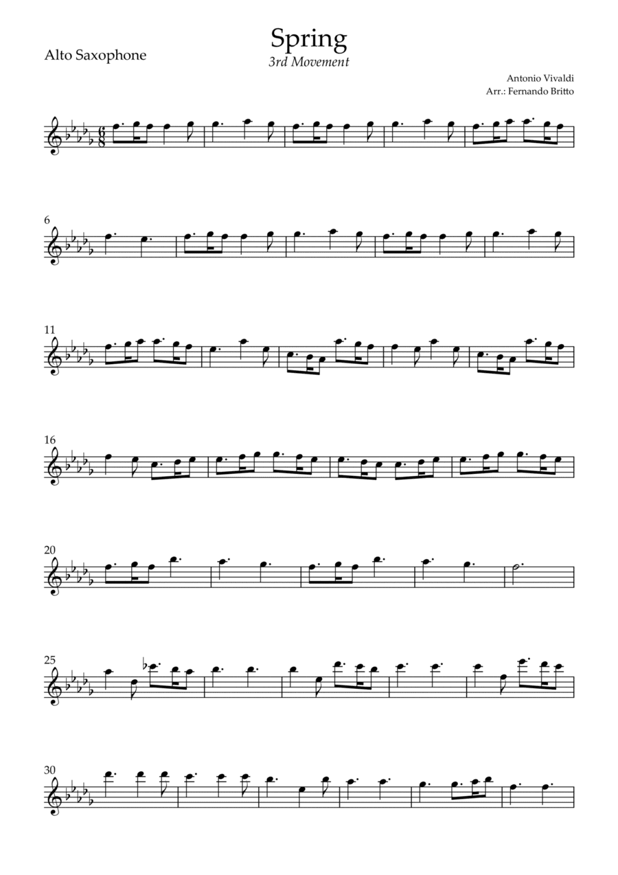 Spring - 3rd Movement (Antonio Vivaldi) for Alto Saxophone Solo (arr. Fernando Britto)
