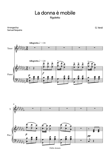 La donna è mobile - for Tenor - in Cb (arr. Samuel Sequeira)