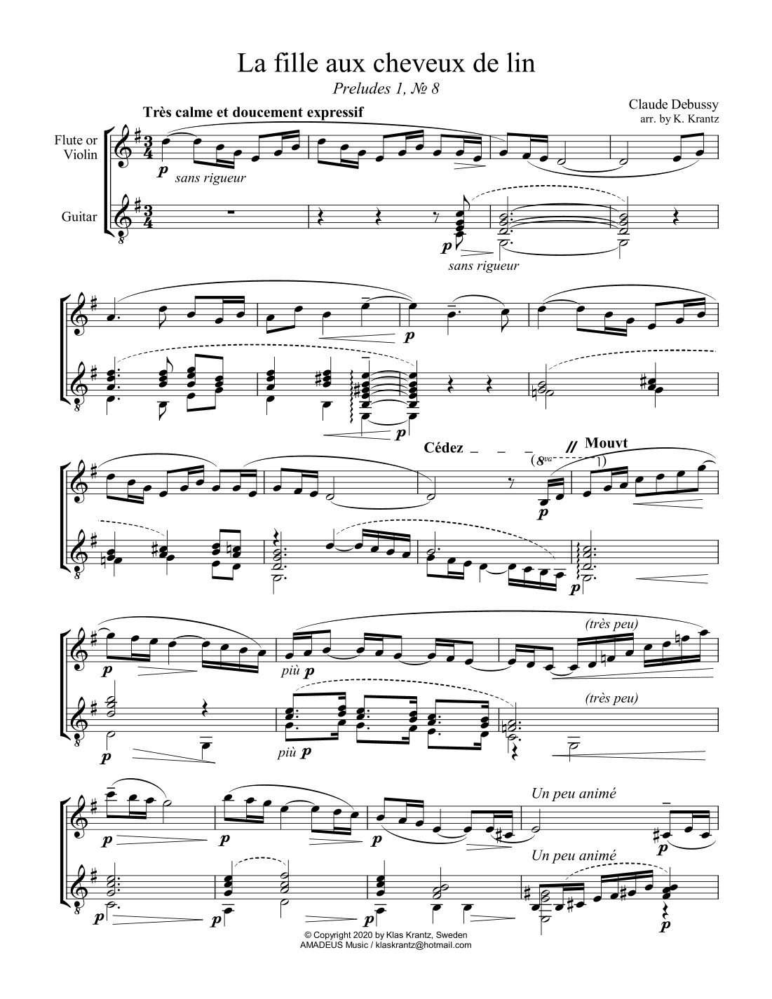 La fille aux cheveux de lin / The girl with the flaxen hair for violin (flute) and guitar (arr. K. Krantz)