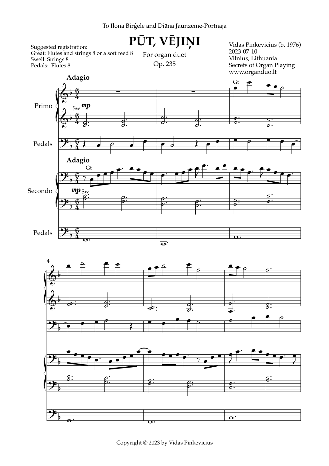 Put, vejini, Op. 235 (Organ Duet) by Vidas Pinkevicius