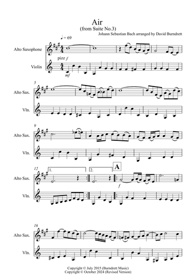 Air on a G String for Alto Saxophone and Violin Duet (arr. David Burndrett)