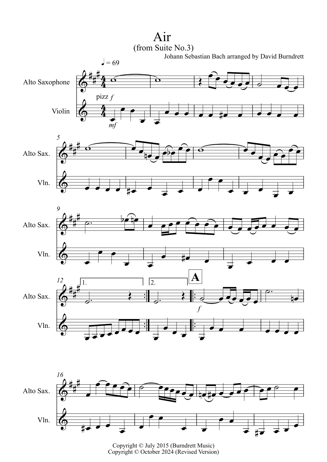 Air on a G String for Alto Saxophone and Violin Duet (arr. David Burndrett)