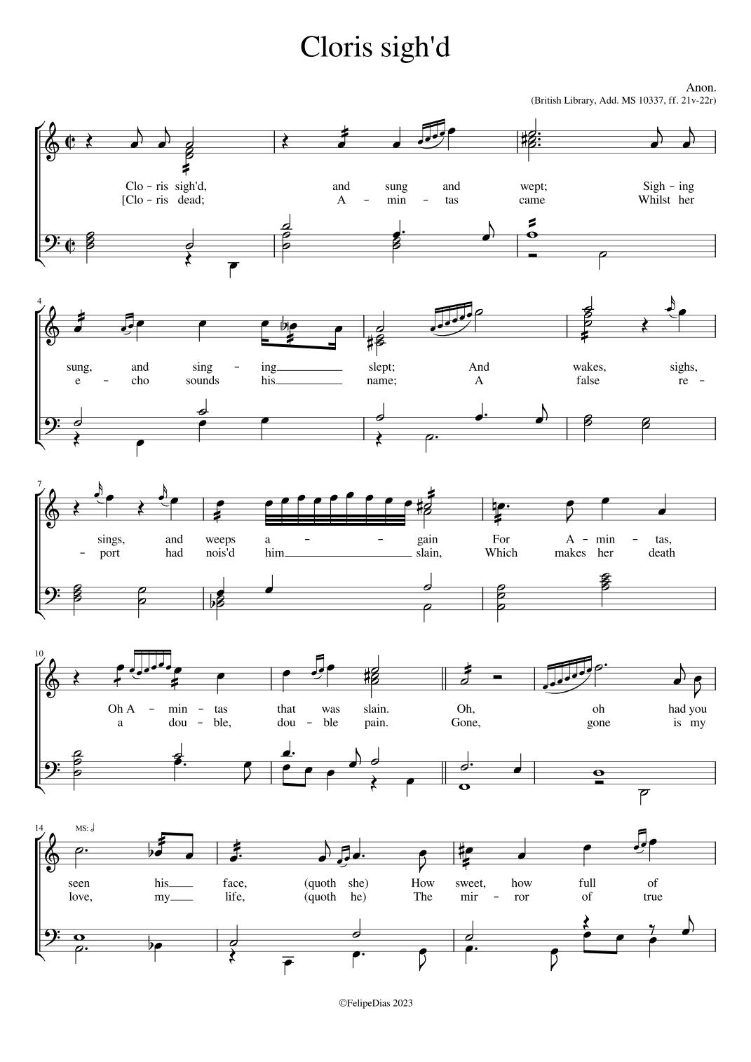 Cloris sigh'd, and sung, and wept (Add. MS 10337) (arr. Early Music Scores)