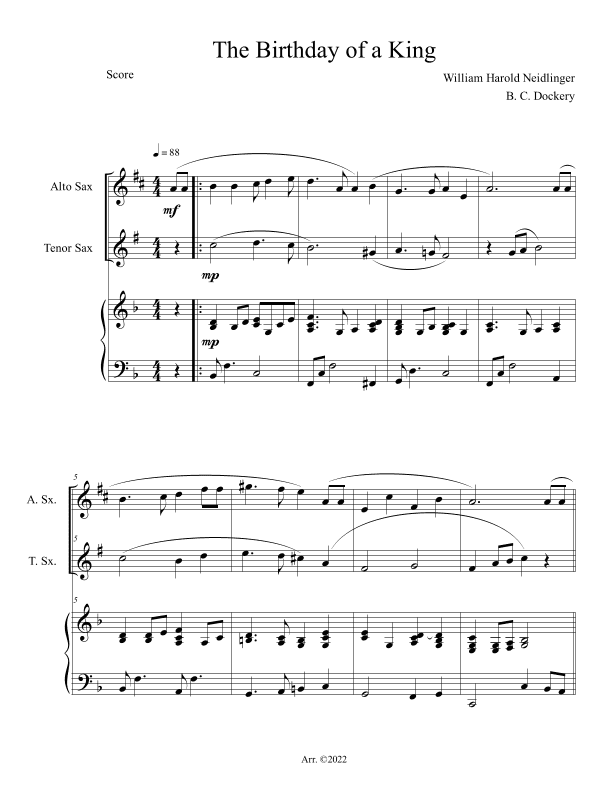 The Birthday of a King (Alto and Tenor Sax Duet with Piano Accompaniment) (arr. B. C. Dockery)