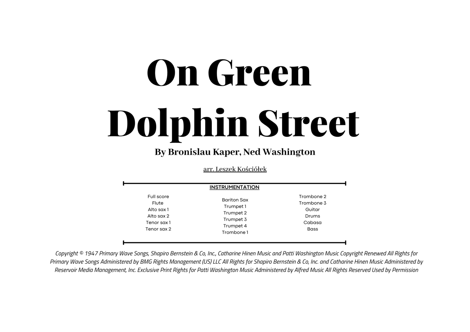 On Green Dolphin Street - Score Only (arr. Leszek Kościółek)