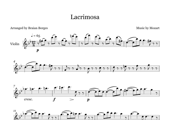 Lacrimosa in Bb Major - For Violin (arr. Braian Borges)