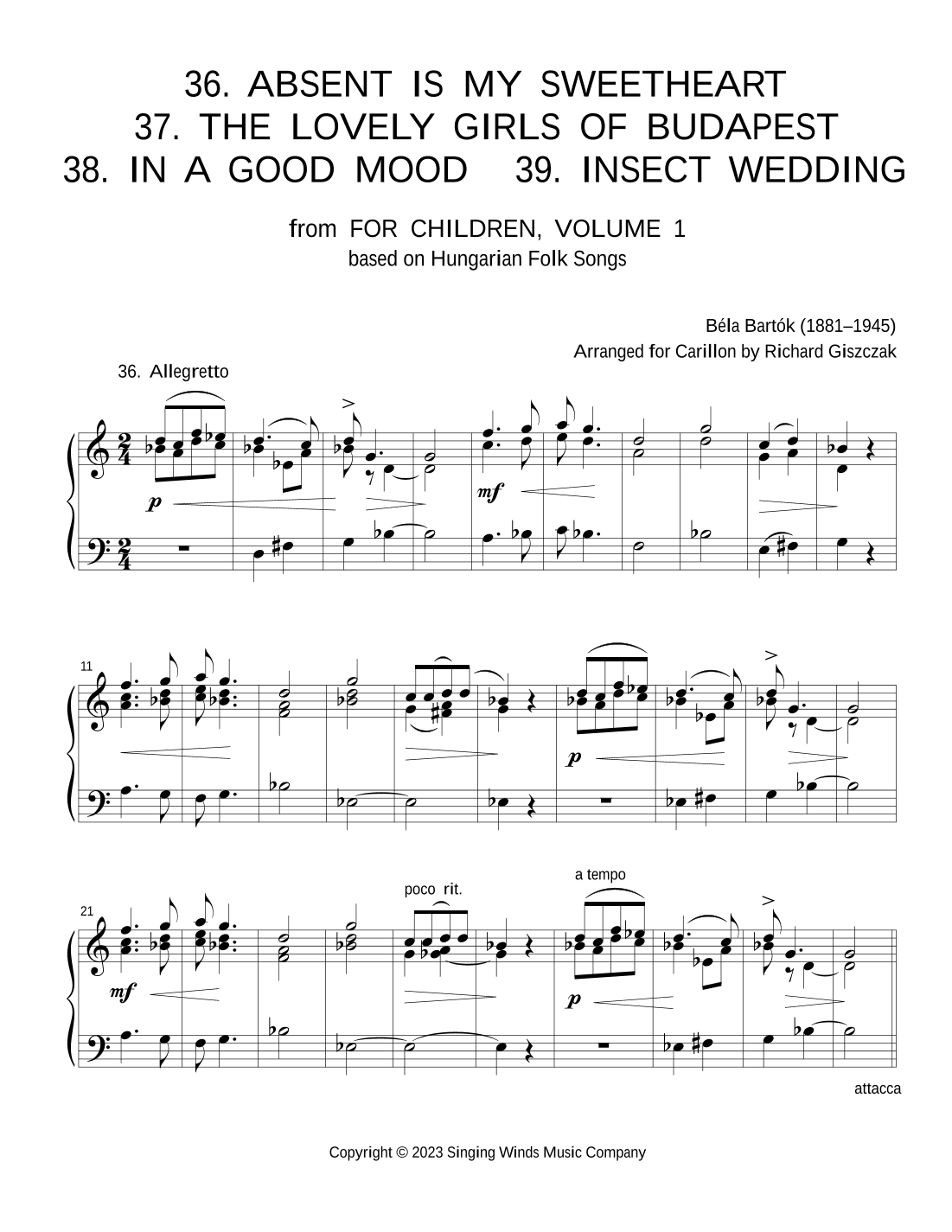 For Children, Volume 1: 36. Absent Sweetheart, 37. Girls of Budapest, 38. Good Mood, 39. Insect Wed. (arr. Richard Giszczak)