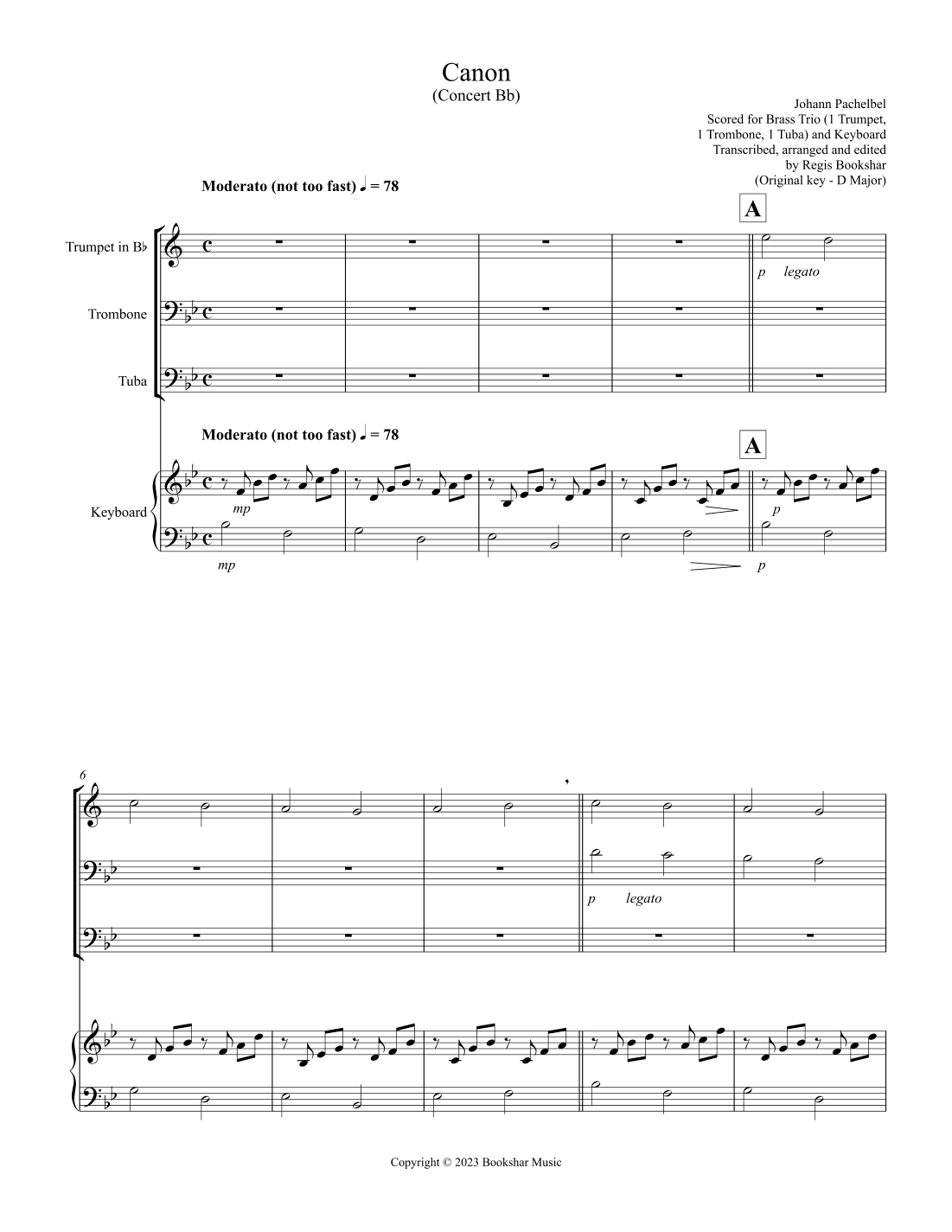 Canon (Pachelbel) (Bb) (Brass Trio - 1 Trp, 1 Trb, 1 Tuba), Keyboard) (arr. Regis Bookshar)