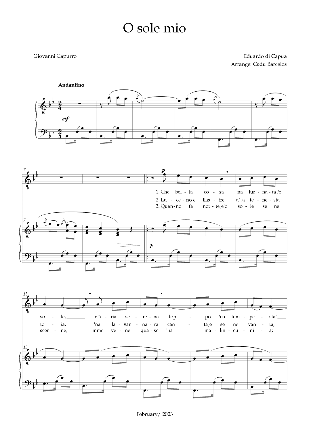 O Sole Mio (Eduardo di Capua) - Bb Major (arr. Cadu Barcelos)