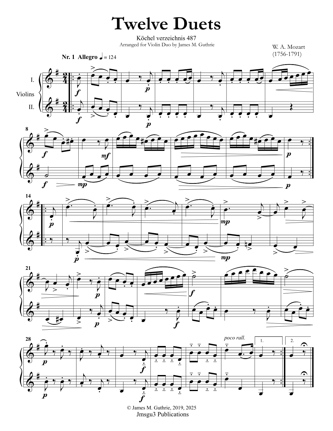 Mozart: Twelve Duets K. 487 for Violin Duo (arr. James M. Guthrie, ASCAP)