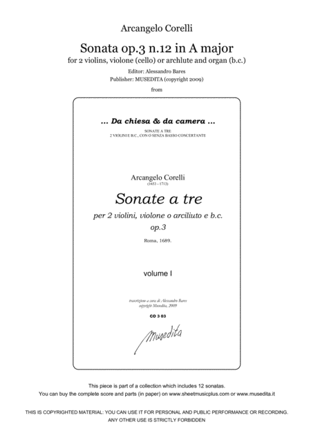Corelli, Sonata op.3 n.12 in A major (arr. Alessandro Bares)