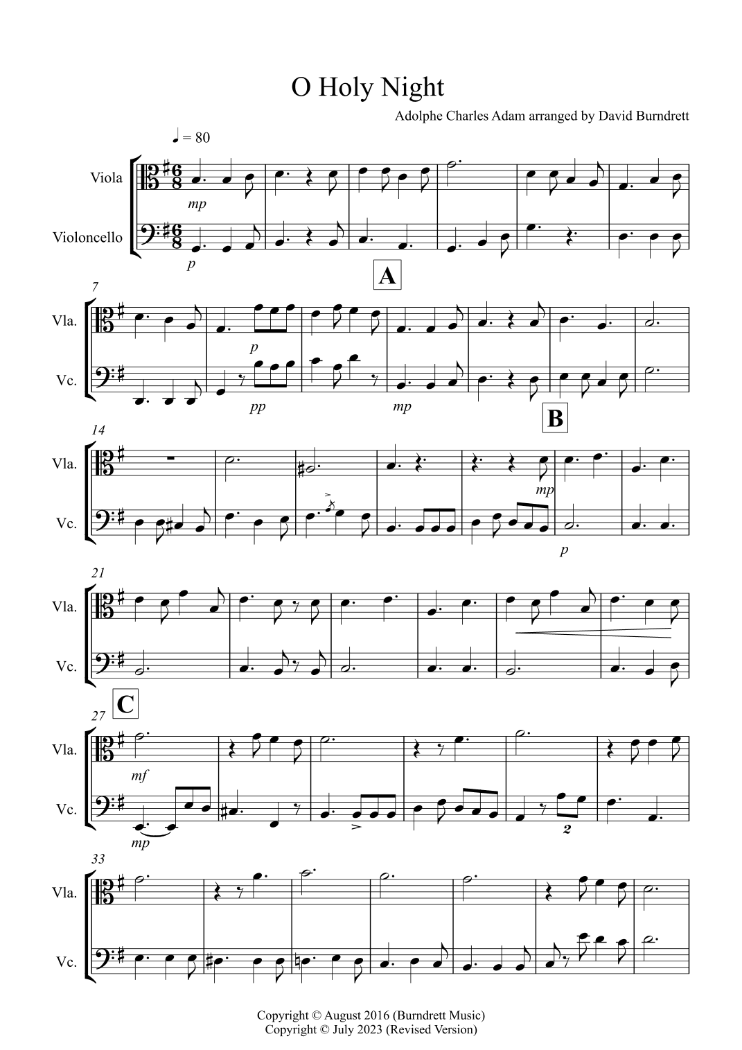 O Holy Night for Viola and Cello Duet (arr. David Burndrett)
