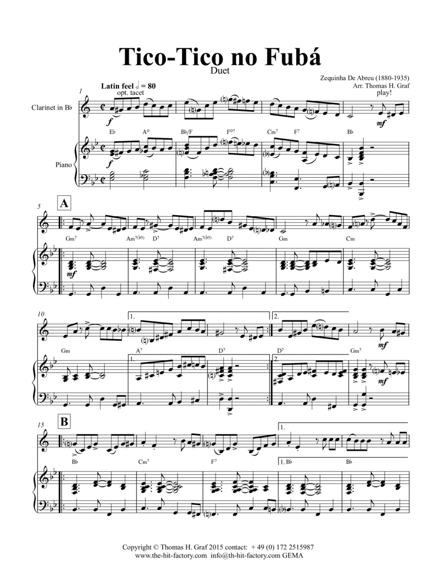 Tico-Tico no Fubá - Choro - Key: G-minor - Piano and Clarinet (arr. Thomas Graf)