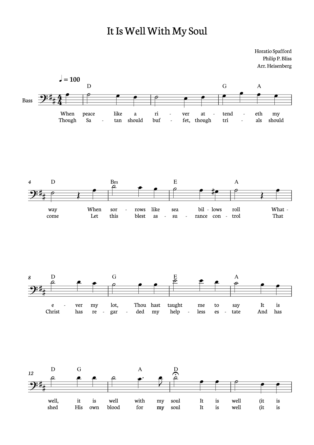It Is Well With My Soul - Bass in D with lyrics and chords (arr. Heisenberg)